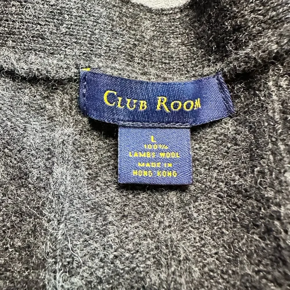 Club Room Men L 100% Wool Gray Knit Preppy V Neck Button Front Cardigan Sweater